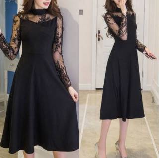 ワンピース ミモレ丈 花柄 レース シースルー ハイネック フェミニン エレガント 結婚式二次会 お呼ばれ 2018年新作 婚活パーティーの通販は 5,880円