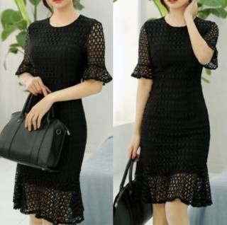 ミディ丈レースワンピースマーメイドライン シック エレガント フレア