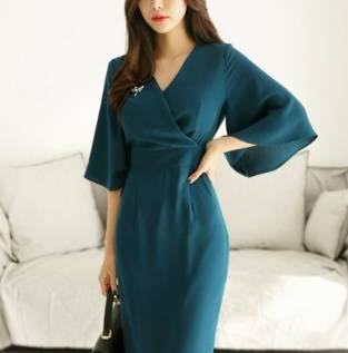 ミディ丈ワンピース カシュクール 袖フレアー クラシカル シック 大人 結婚式二次会 お呼ばれ 2018年新作 婚活パーティー ミディ丈ワンピース カシュクール 袖フレアー クラシカル シック 大人