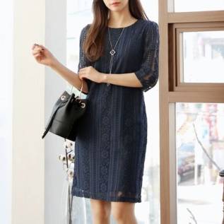 豪華レース＆モダンカラー ２ピース風ワンピース ストライプ レース七分袖 フェミニン エレガント 結婚式二次会 お呼ばれ 2018年新作