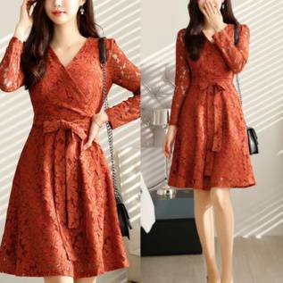 Vネックワンピース 総レース フロントリボン エレガント フェミニン