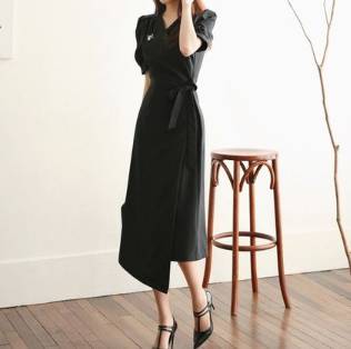 ミモレ丈ワンピース カシュクール Vネック ウエストリボン パフスリーブ フェミニン シック スリム 入学式 卒業式 謝恩会 結婚式二次会