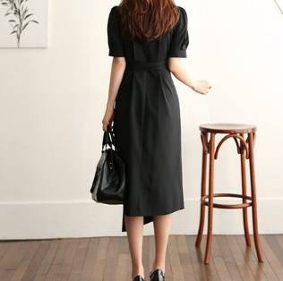 ミモレ丈ワンピース カシュクール Vネック ウエストリボン