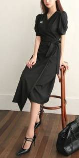 ミモレ丈ワンピース カシュクール Vネック ウエストリボン パフスリーブ フェミニン シック スリム 入学式 卒業式 謝恩会 結婚式二次会 ミモレ丈ワンピース カシュクール Vネック ウエストリボン