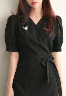 ミモレ丈ワンピース カシュクール Vネック ウエストリボン