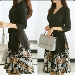 Ｖネックワンピース フラワープリント ウエストリボン Aライン 七分袖 エレガント フェミニン 通勤 卒業式 入学式 謝恩会 結婚式二次会