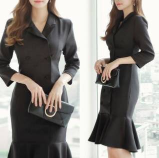 マーメイドワンピース 2色 七分袖 クラシカル フロントボタン 裾