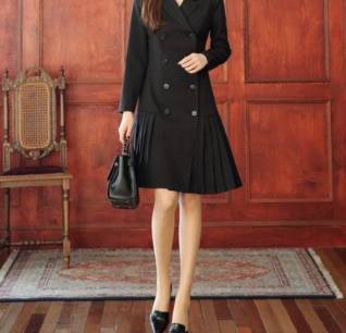 プリーツワンピース ダブルボタン シック クラシカル Aライン 七分袖