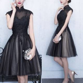 フレアドレス 花柄レース ビジュー ハイネック 透け感 チュール フェミニン Ａライン 結婚式二次会 お呼ばれ 2018年新作 婚活パーティー