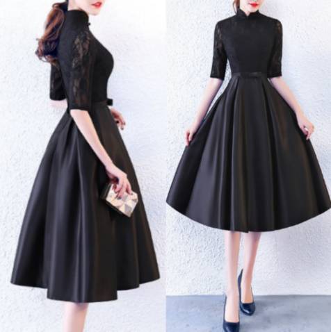 ミモレ丈半袖ドレス 花柄 レース ハイネック 切替 フレア Aライン ウエストリボン マオカラー 結婚式二次会 お呼ばれ 2018年新作