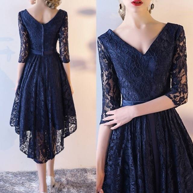 パーティードレス ミディアム丈 フリル Aライン 七分袖  フェミニン 花柄 総レース シースルー エレガント フレア  ウエストリボン