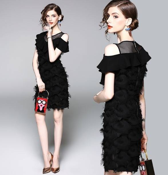 パーティードレス エレガント フリル フリンジ ふんわり 半袖 ブラック ミニ丈 ワンピース 結婚式 二次会 パーティー 入学式 卒業式