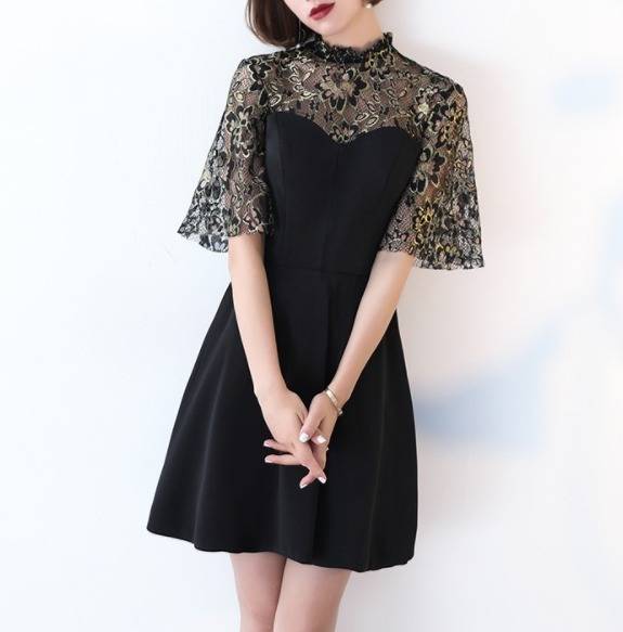 パーティードレス 花柄レース フリル ミックス素材 ハイネック フレア半袖 ミニ丈 黒 フェミニン 透け感 結婚式 二次会 お呼ばれ