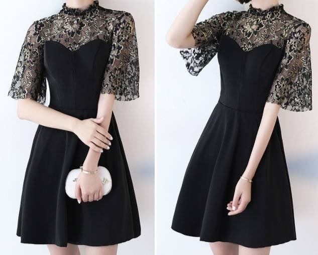 パーティードレス 花柄レース フリル ミックス素材 ハイネック フレア