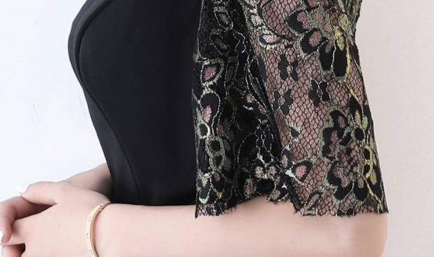 パーティードレス 花柄レース フリル ミックス素材 ハイネック フレア半袖 ミニ丈 黒 フェミニン 透け感 結婚式 二次会 お呼ばれ パーティードレス 花柄レース フリル ミックス素材 ハイネック フレア