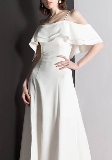 パーティードレス オフショルダー フリル スリット タイトミモレ丈 ロング 無地 エレガント フェミニン パーティー 結婚式 二次会 パーティードレス フリル スリット オフショルダー ロング丈 無地