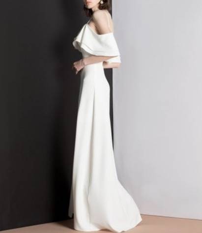 パーティードレス フリル スリット オフショルダー ロング丈 無地