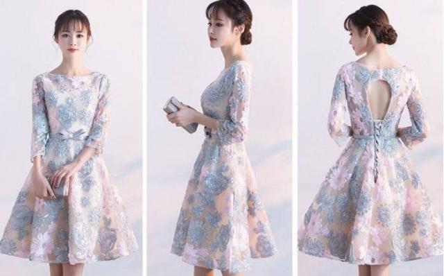 パーティードレス ブライズメイドドレス 春夏 結婚式 二次会 披露宴 レッド グレー 大きいサイズ ひざ丈 ショート丈 七分袖 長袖 袖あり Aライン Xライン フレア 刺繍 花柄 透け感 シースルー ラウンドネック 20代 30代 フォーマル フェミニン ガーリー パーティードレス ブライズメイドドレス 春夏 結婚式 二次会 披露宴