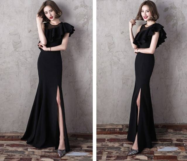 パーティードレス フィッシュテール フリル ロング タイト スリット ペンシル エレガント セクシー ワンショルダー風 無地 結婚式 パーティードレス フィッシュテール フリル ロング タイト スリット