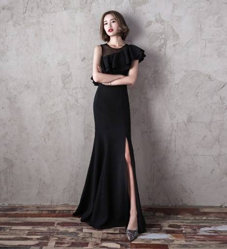 パーティードレス フィッシュテール フリル ロング タイト スリット ペンシル エレガント セクシー ワンショルダー風 無地 結婚式 パーティードレス フィッシュテール フリル ロング タイト スリット
