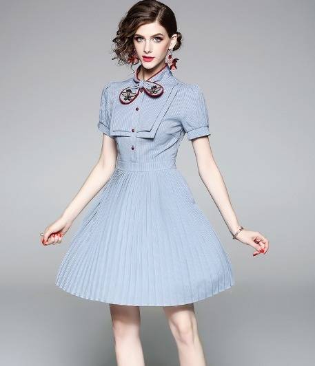 ワンピース プリーツ バイカラー 半袖 可愛い Ａライン スタンドカラー 異素材ミックス カジュアル お出かけ お呼ばれ ストライプ ワンピース プリーツ バイカラー 半袖 可愛い Aライン スタンドカラー