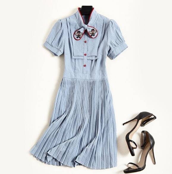 ワンピース プリーツ バイカラー 半袖 可愛い Aライン スタンドカラー