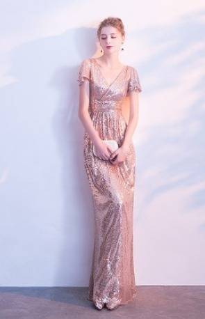 パーティードレス スパンコール ?ネック 半袖 結婚式 6色 マキシ丈