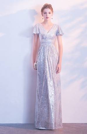 パーティードレス スパンコール ?ネック 半袖 結婚式 6色 マキシ丈