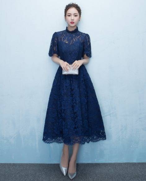 ロングドレス 演奏会 パーティードレス ワンピースドレス 春夏 結婚式 二次会 披露宴 ネイビー 大きいサイズ ロング丈 ミモレ丈 半袖 袖あり Aライン フレア 刺繍 レース 花柄 透け感 シースルー リボン 立ち襟 20代 30代 大人かわいい フォーマル きれいめ ロングドレス 演奏会 パーティードレス ワンピースドレス 春夏 結婚式