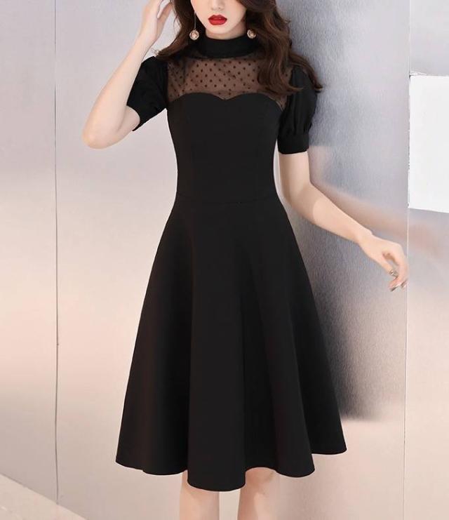 パーティードレス ドット ハイネック 半袖 パフスリーブ 膝丈 フレア Aライン モノトーン 単色 素材ミックス 透け感 エレガント パーティードレス ドット ハイネック 半袖 パフスリーブ 膝丈 フレア A