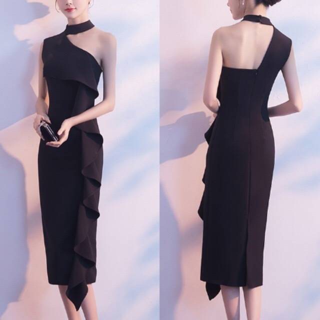 ロングドレス 黒 パーティードレス イブニングドレス 春夏 結婚式 二次会 披露宴 ブラック 大きいサイズ ロング丈 ミモレ丈 ノースリーブ ワンショルダー Iライン タイト ビッグフリル 無地 チョーカー 個性的 ホルターネック 20代 30代 大人 フォーマル