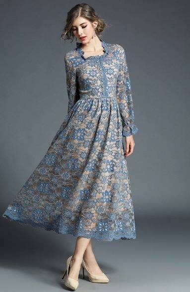 ロングワンピース　ドレス　ひざ丈　長袖　パーティー　エレガント　花柄 パーティードレス エレガント 花柄 長袖 ブルー ワンピース