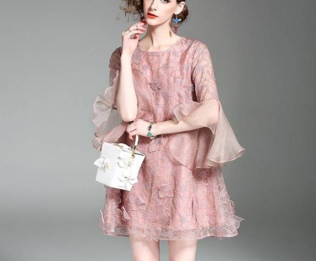 パーティードレス 花柄 レース シフォン クルーネック 七分袖 ボリューム袖 Aライン ワンピース フレア フレア袖 ミニ丈 ふんわり