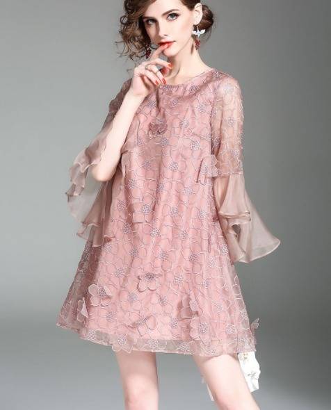 パーティードレス 花柄 レース シフォン クルーネック 七分袖 ボリューム袖 Aライン ワンピース フレア フレア袖 ミニ丈 ふんわり パーティードレス 花柄 レース シフォン クルーネック 七分袖