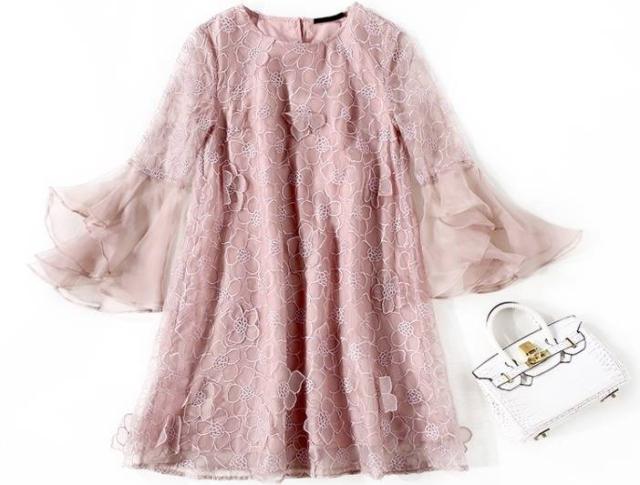 パーティードレス 花柄 レース シフォン クルーネック 七分袖