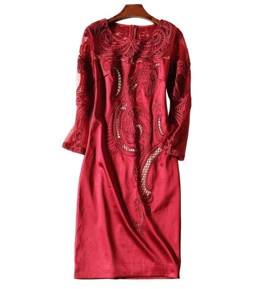 パーティードレス スリム 刺繍 七分袖 ボタニカル柄 タイト 膝上丈