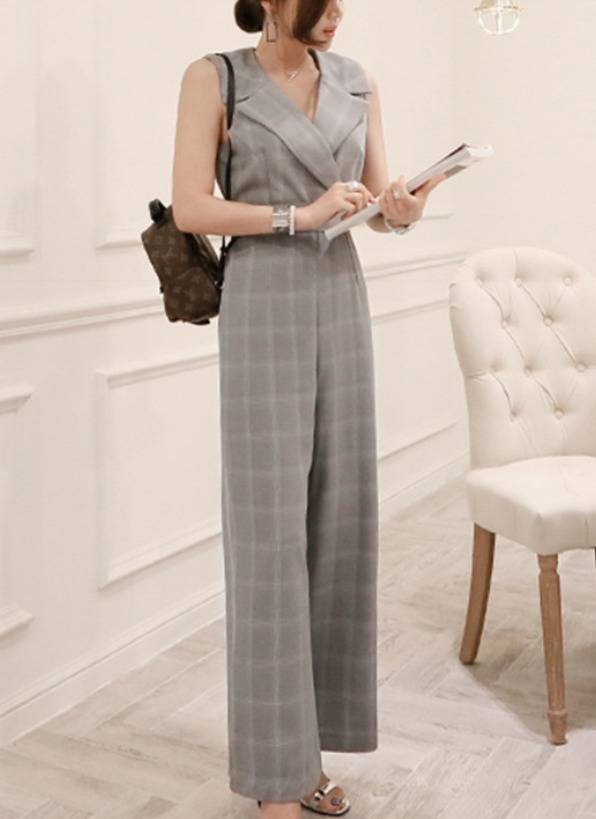 オールインワン ジャンプスーツ チェック ワイドパンツ ノースリーブ Vネック ウエストリボン エレガント パーティー 結婚式 二次会