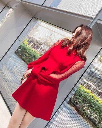 パーティードレス ワンピースドレス 春夏 デート 記念日 女子会 ブラック 大きいサイズ ミニ丈 ショート丈 長袖 袖あり Aライン フレア 無地 ドット 水玉柄 透け感 シースルー リボン ハイネック 20代 30代 大人かわいい フェミニン ガーリー パーティードレス ワンピースドレス 春夏 デート 記念日 女子会