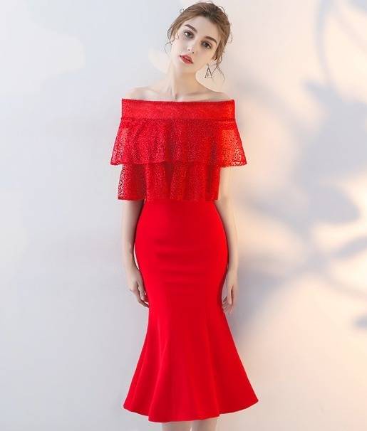 パーティードレス オフショルダー フリル マーメイド 2色 タイト ミモレ丈 透け感 赤 大人可愛い パーティー 結婚式 二次会 お呼ばれ パーティードレス オフショルダー フリル マーメイド 2色 タイト