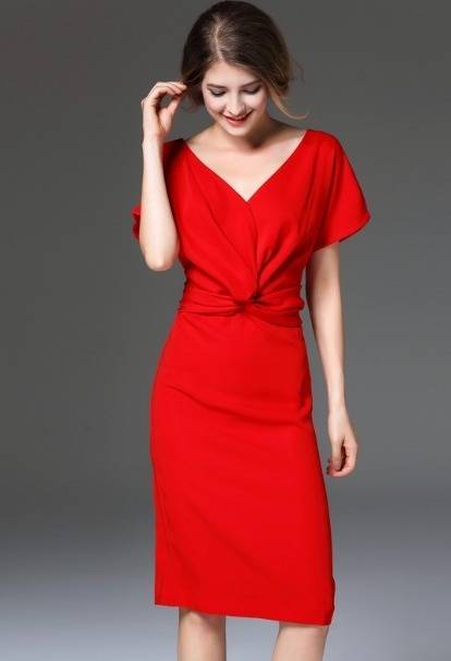 パーティードレス Vネック 半袖 2色 タイト 膝丈 ウエストクロス スマート エレガント パーティー 結婚式 二次会 お呼ばれ ワンピース