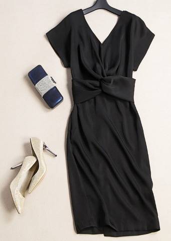 パーティードレス Vネック 半袖 2色 タイト 膝丈 ウエストクロス