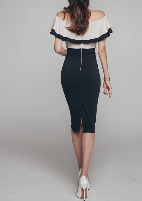 パーティードレス バイカラー オフショルダー フリル タイト スリム