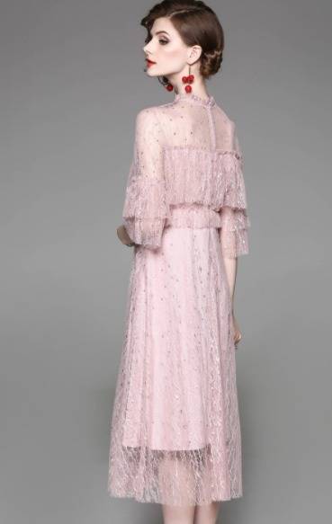 パーティードレス 可愛い レース ドット クルーネック 七分袖 フレア ミモレ丈 透け感 エレガント ピンク パーティー 結婚式 二次会 パーティードレス 可愛い レース ドット クルーネック 七分袖 フレア