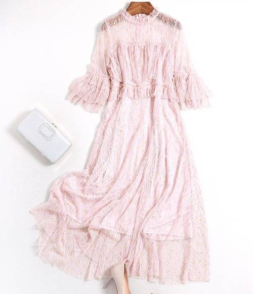 パーティードレス 可愛い レース ドット クルーネック 七分袖 フレア