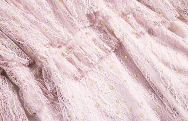 パーティードレス 可愛い レース ドット クルーネック 七分袖 フレア