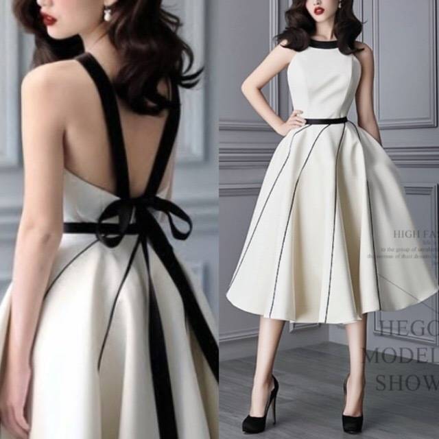 ロングドレス 演奏会 パーティードレス ワンピースドレス 春夏 結婚式 二次会 披露宴 ホワイト バイカラー ロング丈 ミモレ丈 ノースリーブ 袖なし Aライン Xライン フレア ふんわり リボン バックシャン ラウンドネック 20代 30代 ガーリー