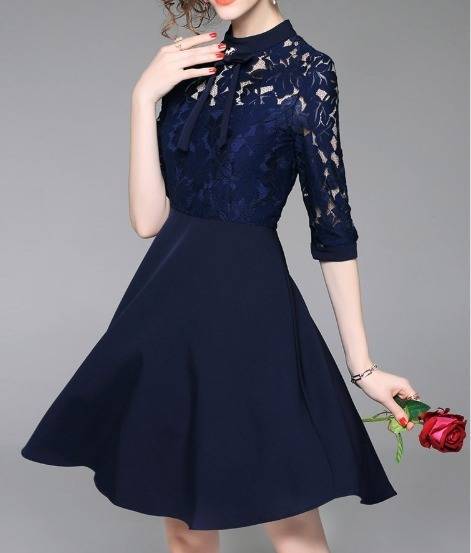 パーティードレス 花柄 レース アクセサリーリボン ミニ丈 フレア Aライン 異素材ミックス 七分袖 可愛い パーティー 結婚式 二次会 パーティードレス 花柄 レース アクセサリーリボン ミニ丈 フレア A