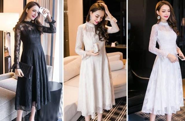 パーティードレス 3色 フレア レース ミモレ丈 ハイネック 長袖 Aライン エレガント フェミニン パーティー 結婚式 二次会 お呼ばれ