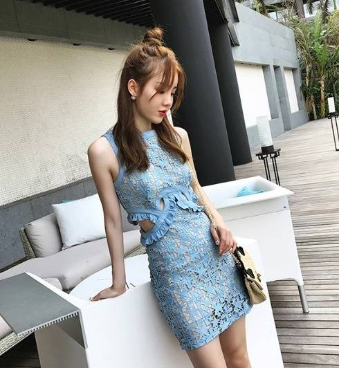 星柄パーティードレス 可愛い 総レース ノースリーブ 2色 スリム ミニ丈 タイト フリル 透け感 異素材ミックス おしゃれ パーティー 星柄パーティードレス 可愛い 総レース ノースリーブ 2色 スリム ミニ