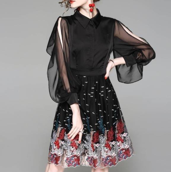 パーティードレス 可愛い 透け感袖 七分袖 刺繍 マリンデザイン ミニ丈 フレア エレガント フェミニン パーティー 結婚式 二次会